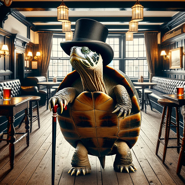 Turtle wearing top hat walks into pub