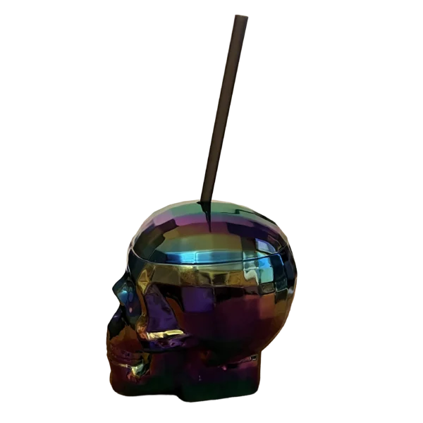 Oil Slick Disco Skull Cup with Plastic Straw - Image 2