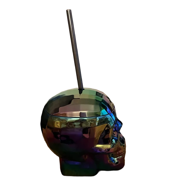 Oil Slick Disco Skull Cup with Plastic Straw - Image 3