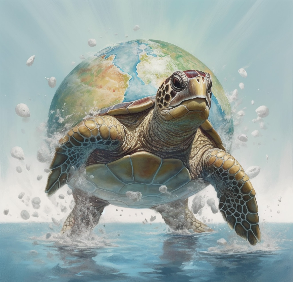 turtle with world on back in water